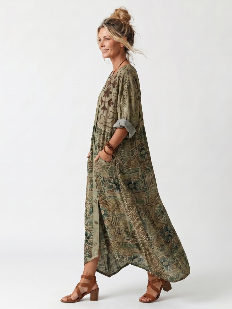 Aleta | Button Front Oversized Pocket Midi Dress Front