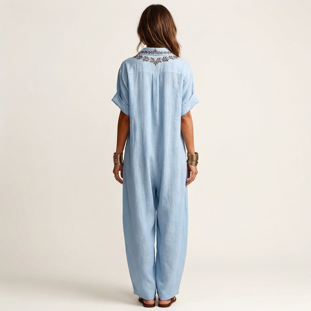 Amarina | Embroidered V-Neck Collar Linen Maxi Dress Alternate