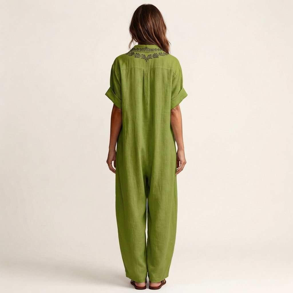 Amarina | Embroidered V-Neck Collar Linen Maxi Dress Angle