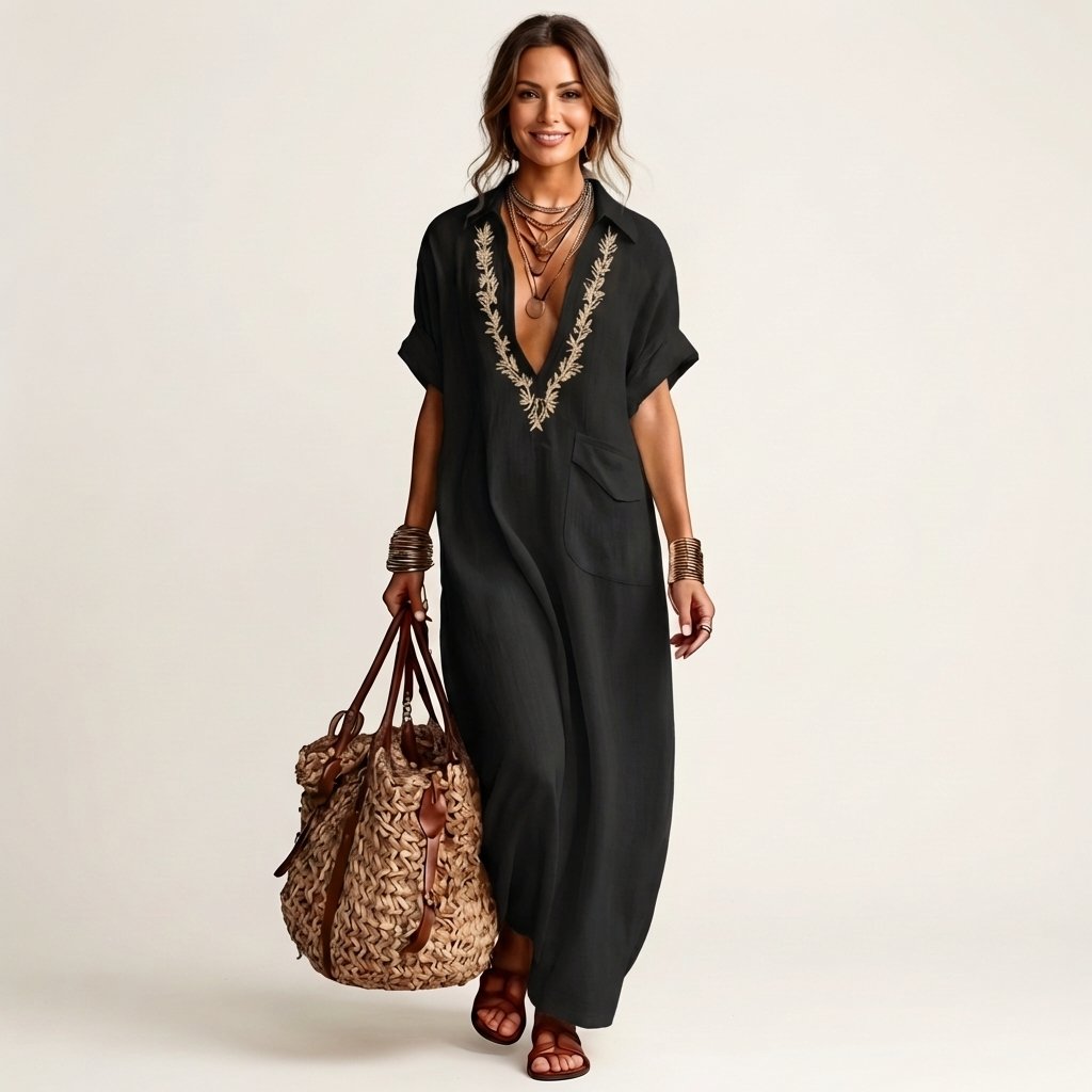 Amarina | Embroidered V-Neck Collar Linen Maxi Dress Back