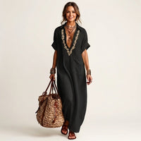 Amarina | Embroidered V-Neck Collar Linen Maxi Dress Back