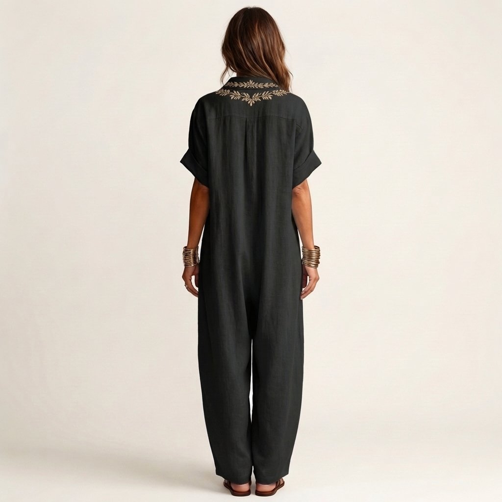 Amarina | Embroidered V-Neck Collar Linen Maxi Dress Close Up