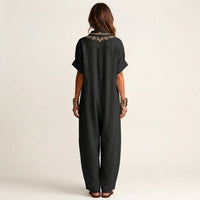 Amarina | Embroidered V-Neck Collar Linen Maxi Dress Close Up