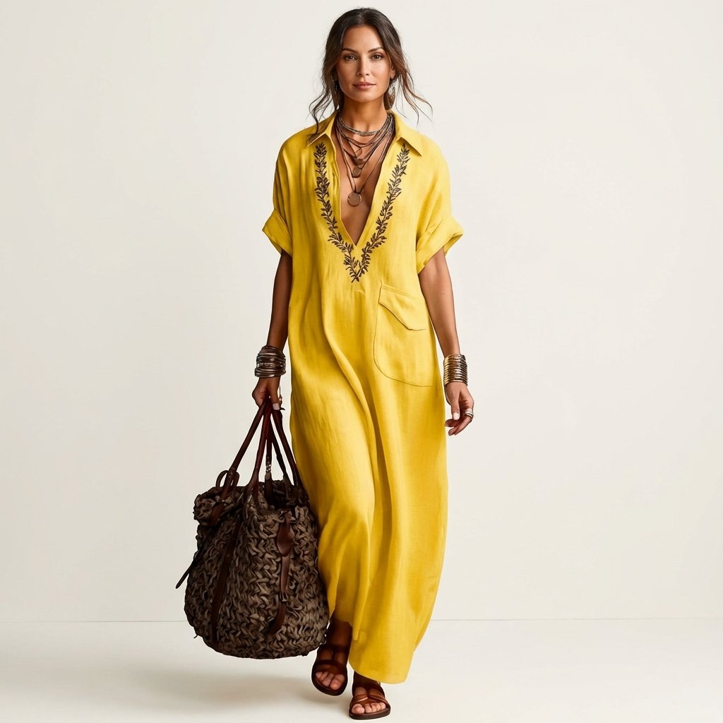 Amarina | Embroidered V-Neck Collar Linen Maxi Dress Detail