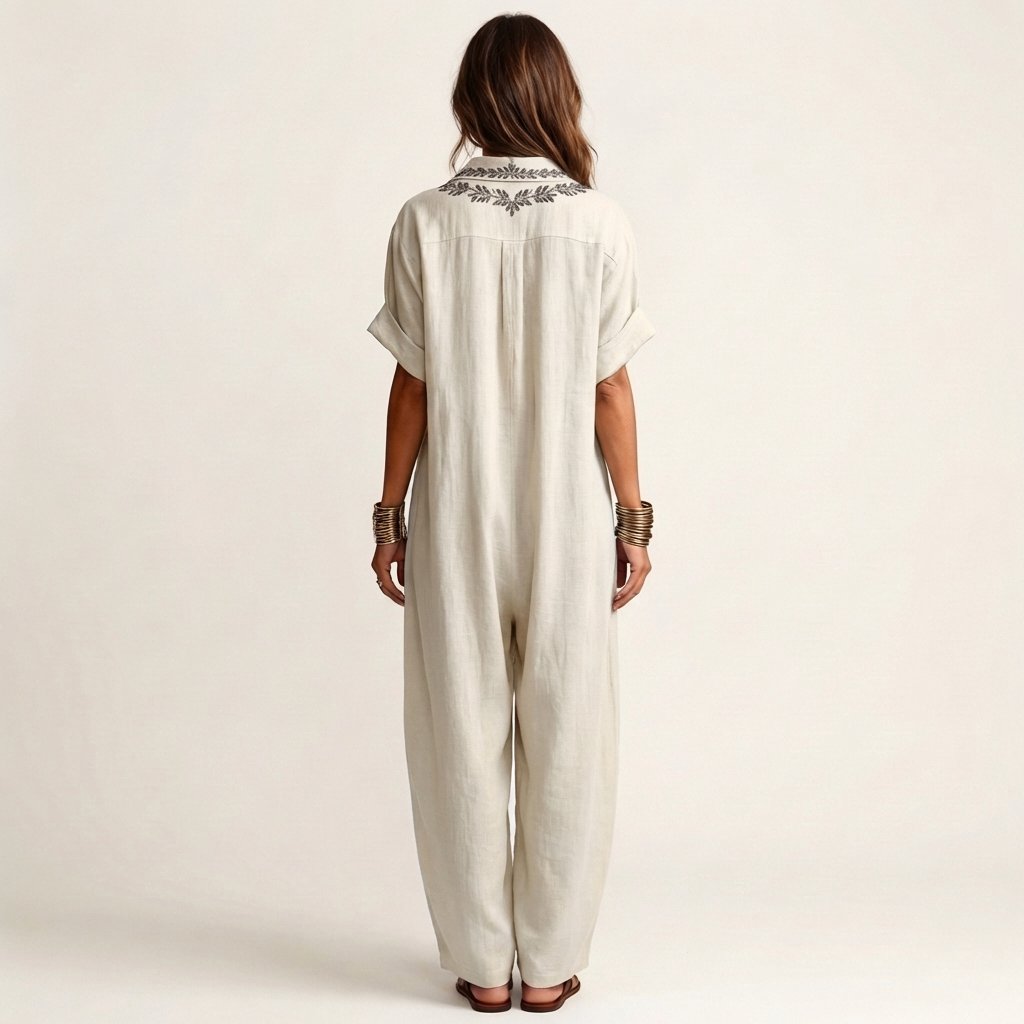 Amarina | Embroidered V-Neck Collar Linen Maxi Dress Front