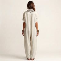 Amarina | Embroidered V-Neck Collar Linen Maxi Dress Front