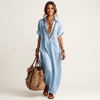 Amarina | Embroidered V-Neck Collar Linen Maxi Dress Full