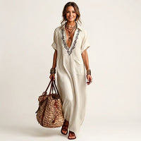 Amarina | Embroidered V-Neck Collar Linen Maxi Dress Hero