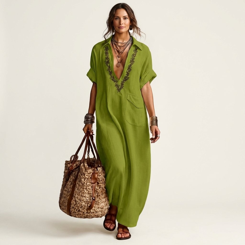 Amarina | Embroidered V-Neck Collar Linen Maxi Dress Lifestyle