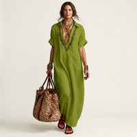 Amarina | Embroidered V-Neck Collar Linen Maxi Dress Lifestyle