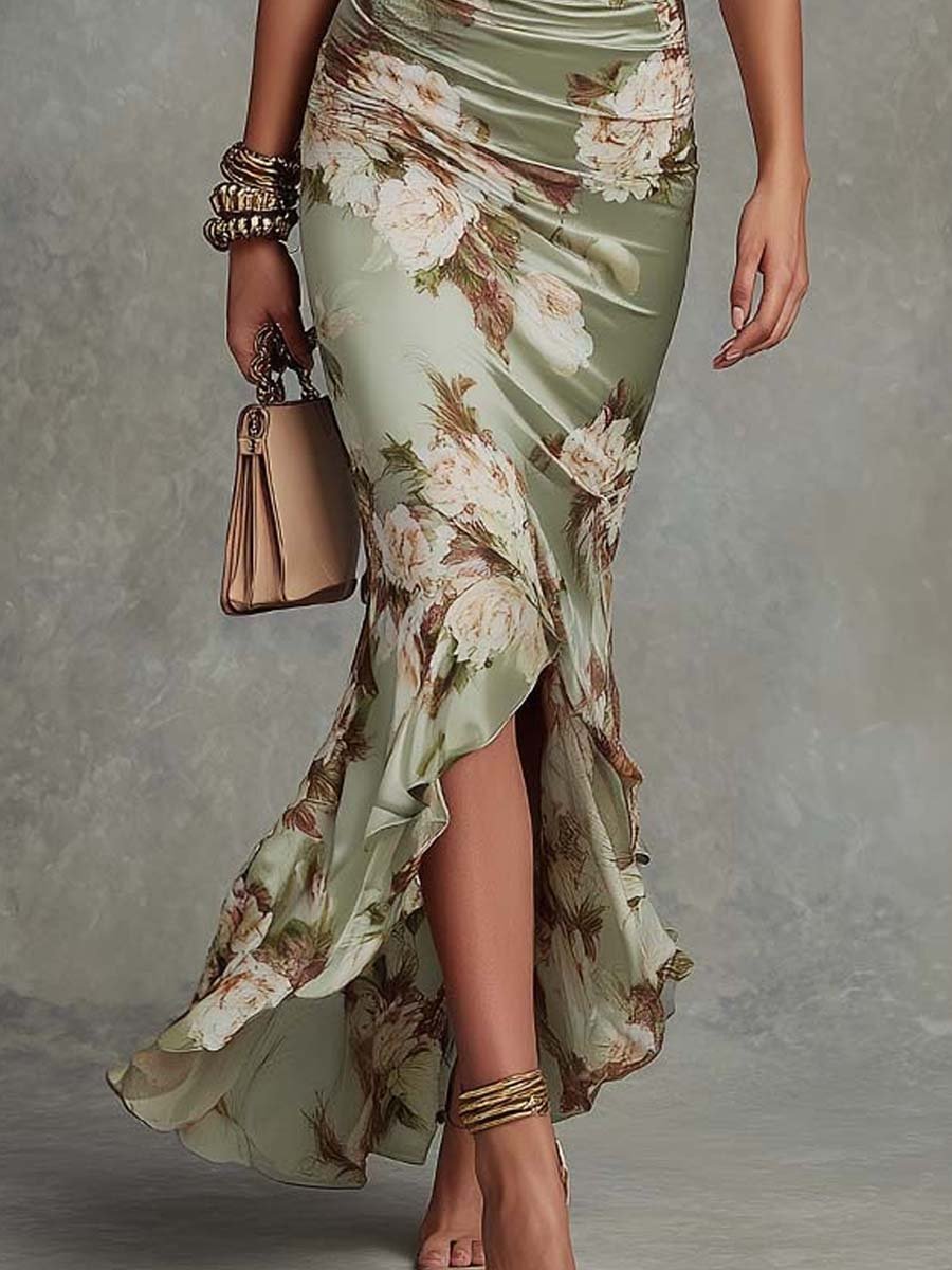 Anastasia | Long Satin Dress with Floral Print Close Up