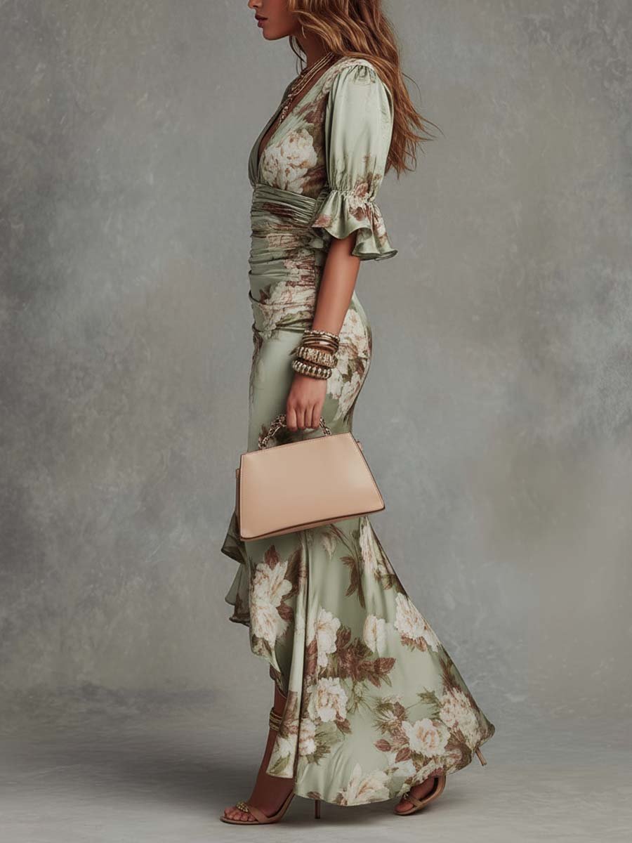 Anastasia | Long Satin Dress with Floral Print Detail