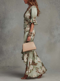 Anastasia | Long Satin Dress with Floral Print Detail