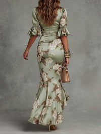 Anastasia | Long Satin Dress with Floral Print Side