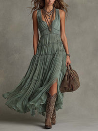 Ava | Gathered V-Neck Maxi Dress for Women Side