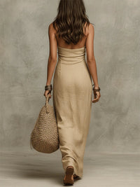 Avelina™ – Voluminous Long Cotton and Linen Dress, American Collar Back