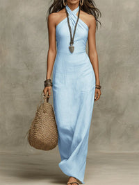 Avelina™ – Voluminous Long Cotton and Linen Dress, American Collar Detail
