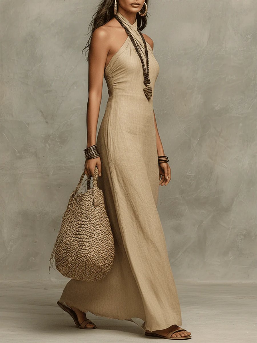 Avelina™ – Voluminous Long Cotton and Linen Dress, American Collar Lifestyle