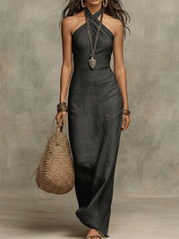 Avelina™ – Voluminous Long Cotton and Linen Dress, American Collar Side