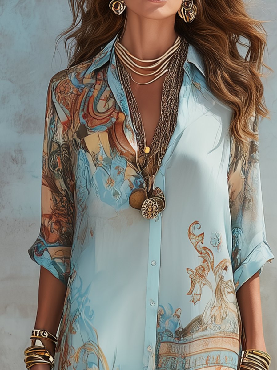Baroque Style Floral Blue Chiffon Maxi Dress Close Up
