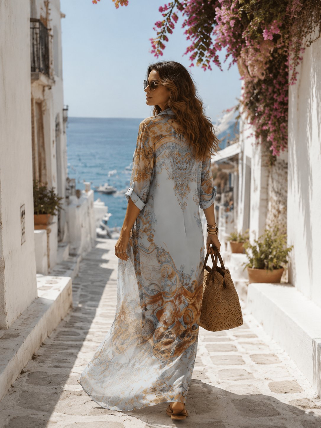 Baroque Style Floral Blue Chiffon Maxi Dress Detail