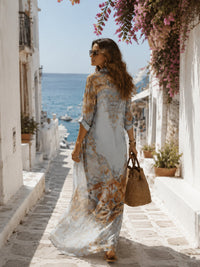 Baroque Style Floral Blue Chiffon Maxi Dress Detail
