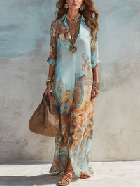 Baroque Style Floral Blue Chiffon Maxi Dress Hero