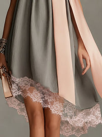 Beatrice | Grey satin mini dress with pink bow and lace Back