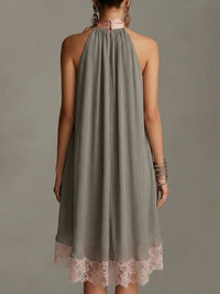 Beatrice | Grey satin mini dress with pink bow and lace Detail