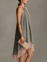 Beatrice | Grey satin mini dress with pink bow and lace Front
