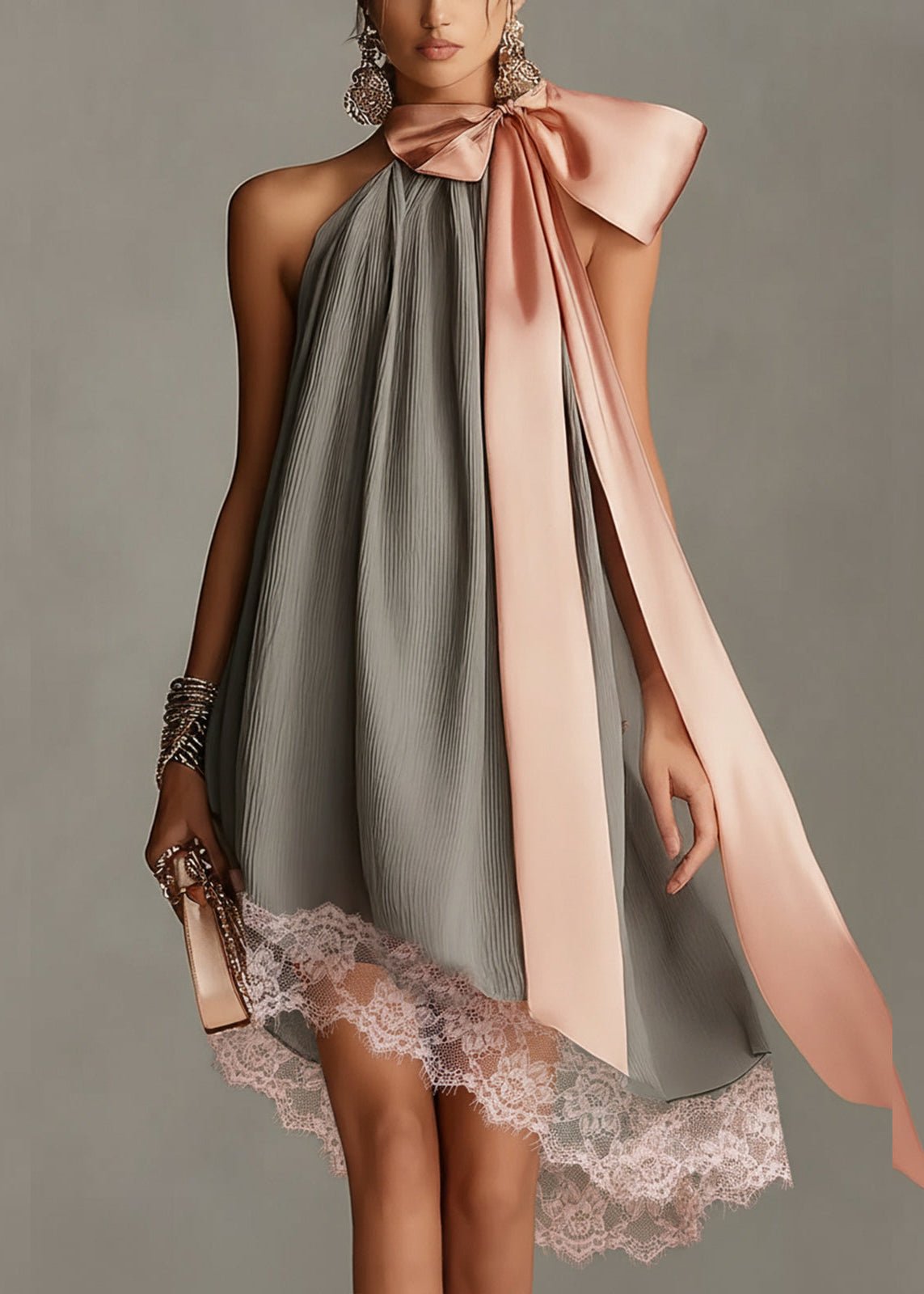 Beatrice | Grey satin mini dress with pink bow and lace Hero