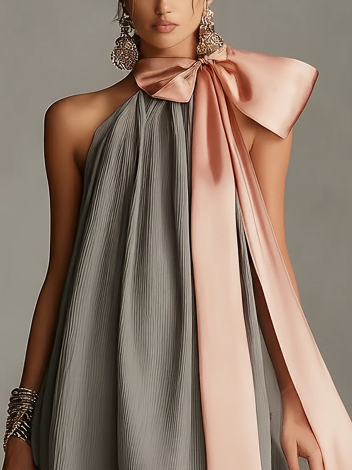 Beatrice | Grey satin mini dress with pink bow and lace Side