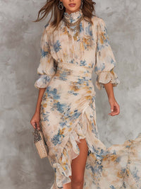 Beige Turtleneck Oil Painting Floral Print Irregular Chiffon Maxi Dress Detail