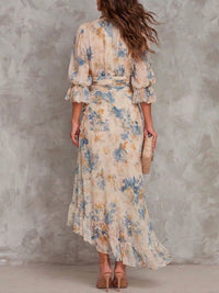 Beige Turtleneck Oil Painting Floral Print Irregular Chiffon Maxi Dress Front