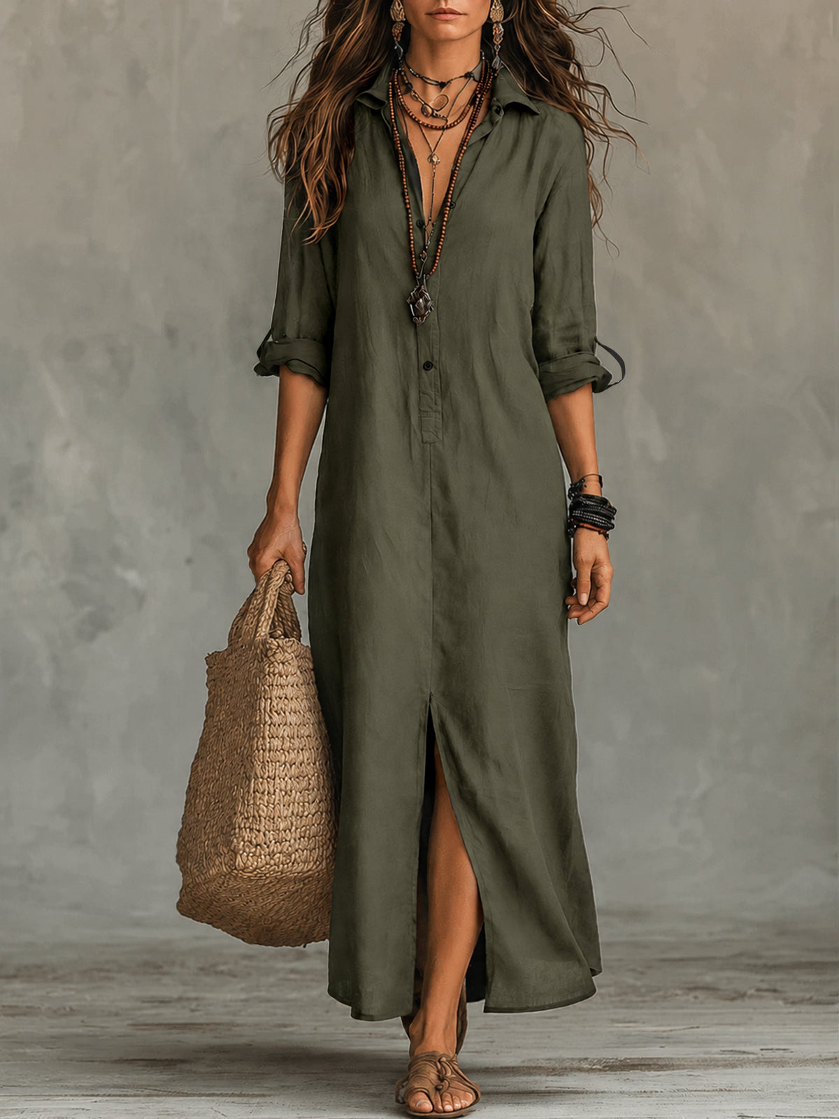 Black Button-Front Bohemian Shirt Maxi Dress Angle