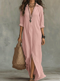 Black Button-Front Bohemian Shirt Maxi Dress Close Up