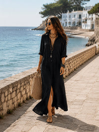 Black Button-Front Bohemian Shirt Maxi Dress Front