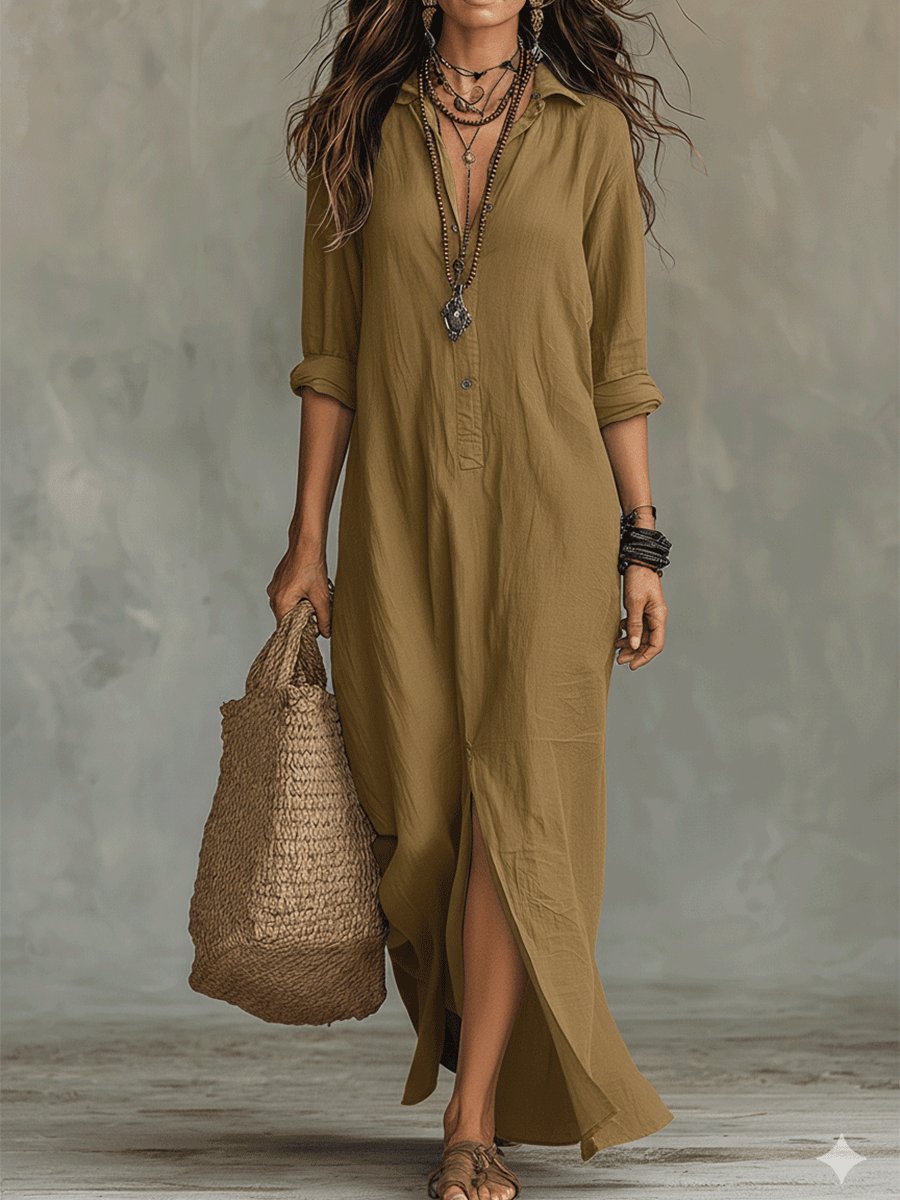 Black Button-Front Bohemian Shirt Maxi Dress Full