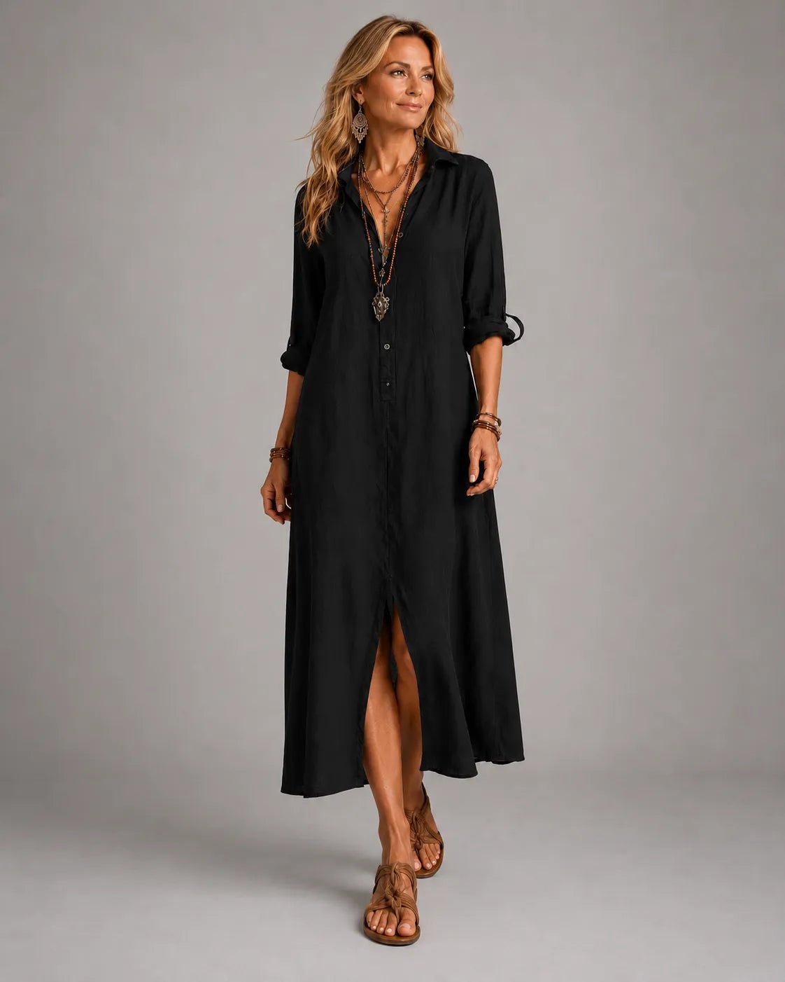 Black Button-Front Bohemian Shirt Maxi Dress Hero
