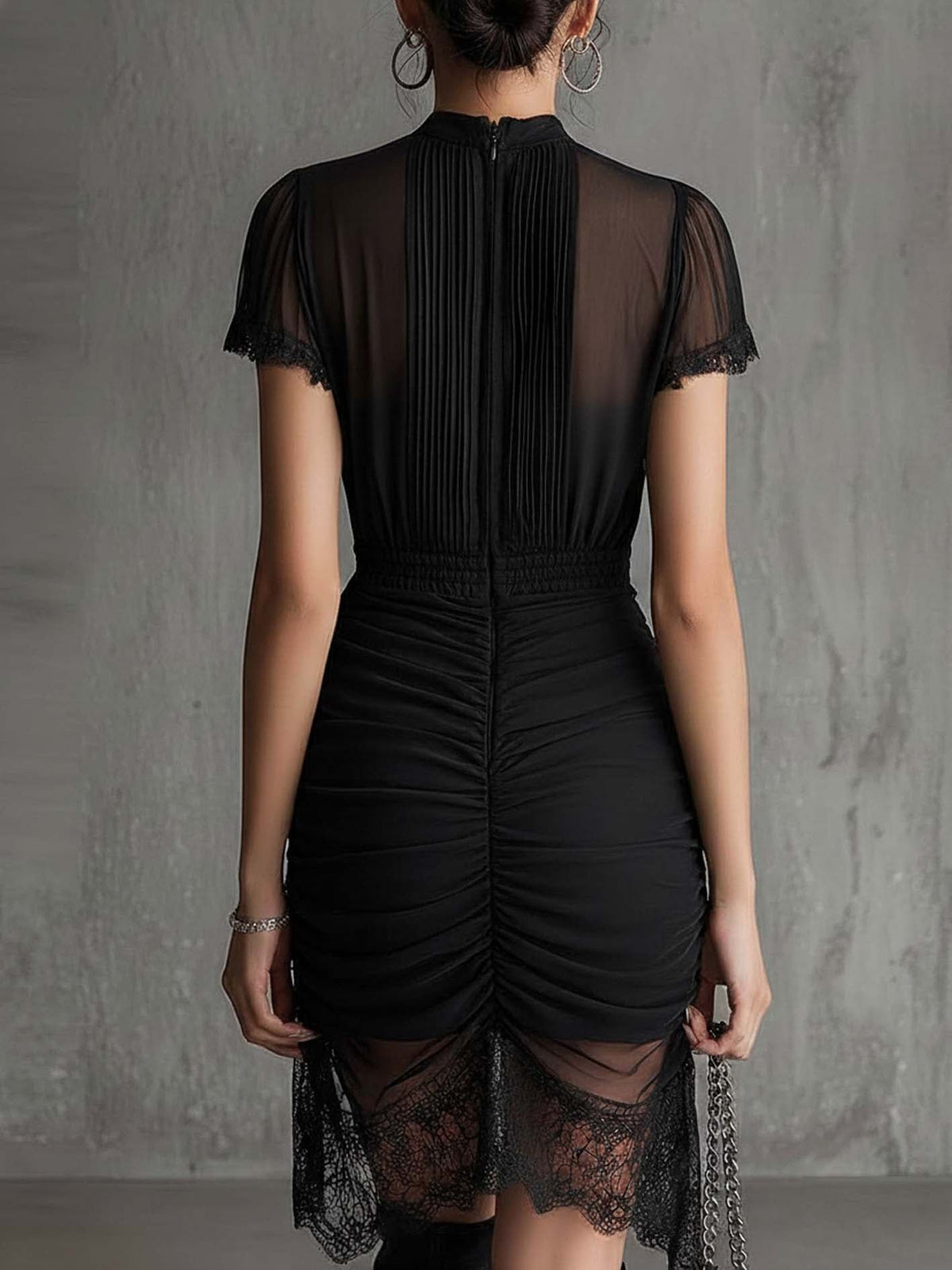 Black Chiffon Pleated Waist Lace-trimmed Mini Dress Front