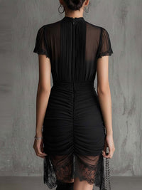 Black Chiffon Pleated Waist Lace-trimmed Mini Dress Front