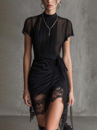 Black Chiffon Pleated Waist Lace-trimmed Mini Dress Hero