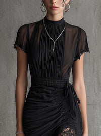 Black Chiffon Pleated Waist Lace-trimmed Mini Dress Side