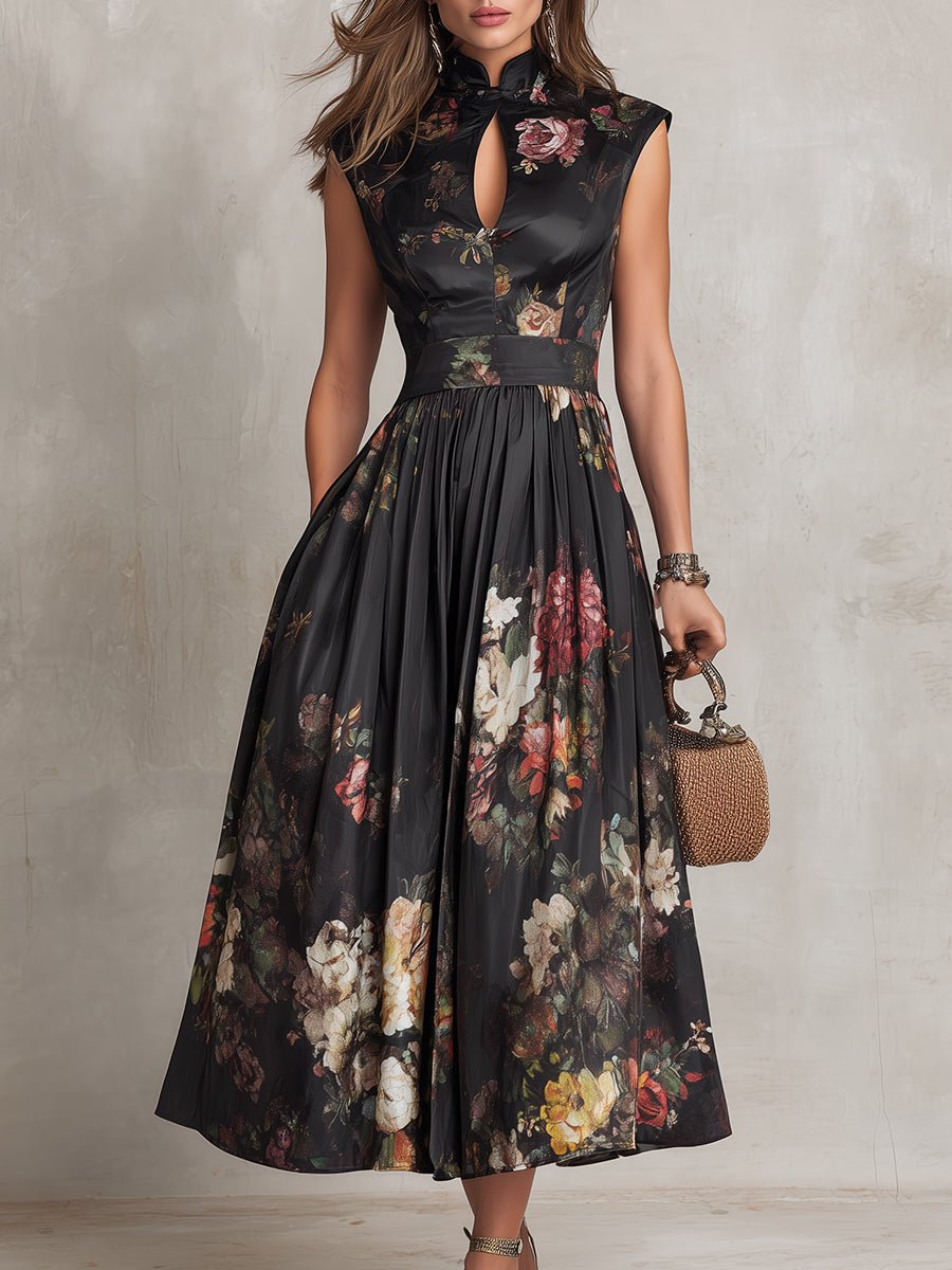 Black Keyhole Collar Floral Pleated Satin Midi Dress Detail