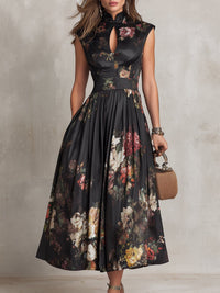 Black Keyhole Collar Floral Pleated Satin Midi Dress Detail