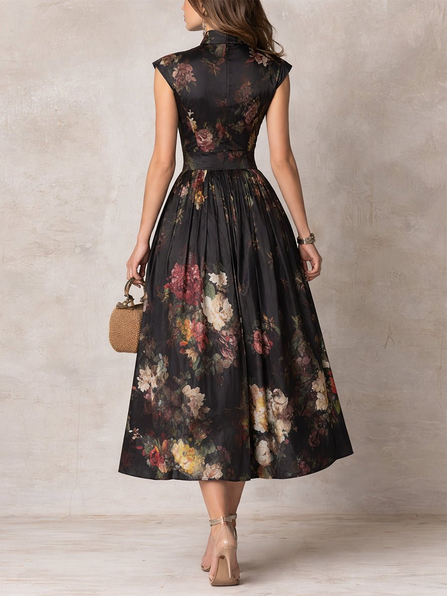 Black Keyhole Collar Floral Pleated Satin Midi Dress Front