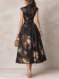 Black Keyhole Collar Floral Pleated Satin Midi Dress Front
