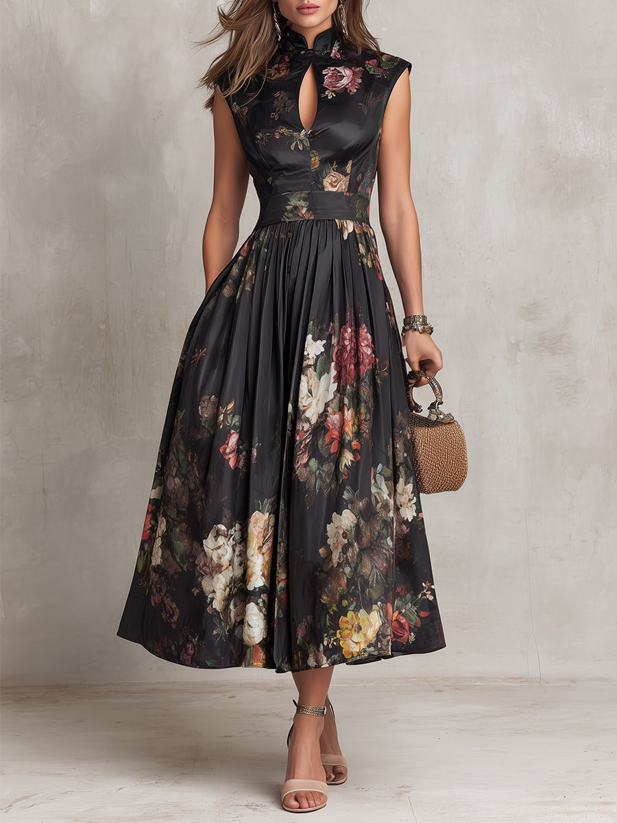 Black Keyhole Collar Floral Pleated Satin Midi Dress Hero