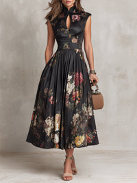 Black Keyhole Collar Floral Pleated Satin Midi Dress Hero