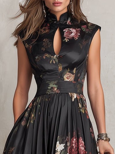 Black Keyhole Collar Floral Pleated Satin Midi Dress Side